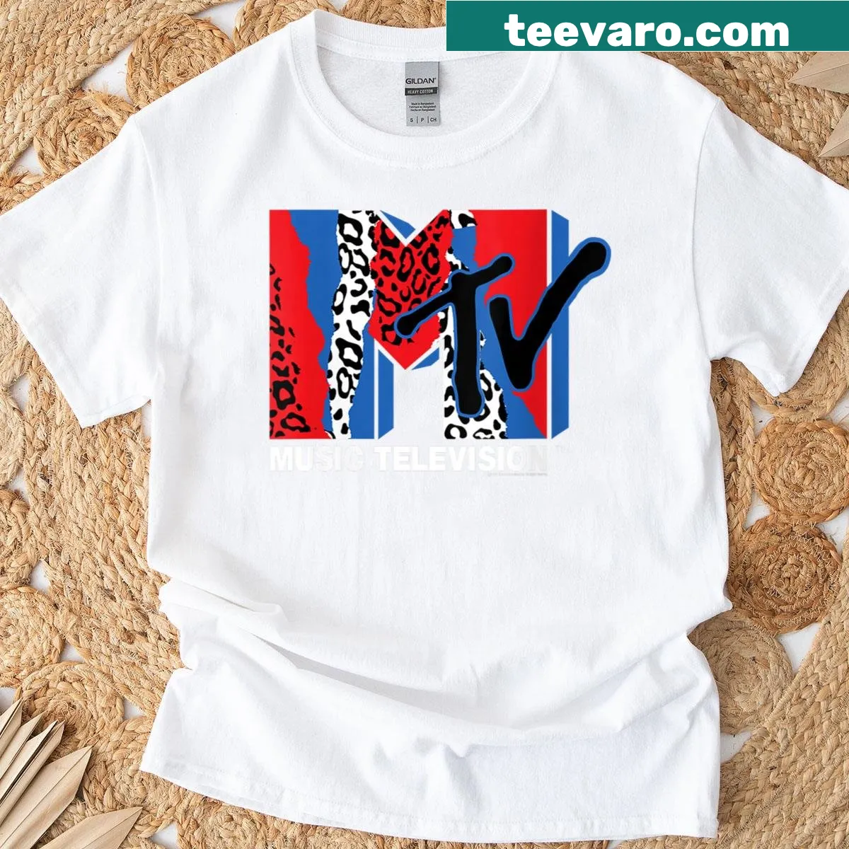 Women's t-shirt with MTV 90s logo in leopard print — on a men's t-shirt