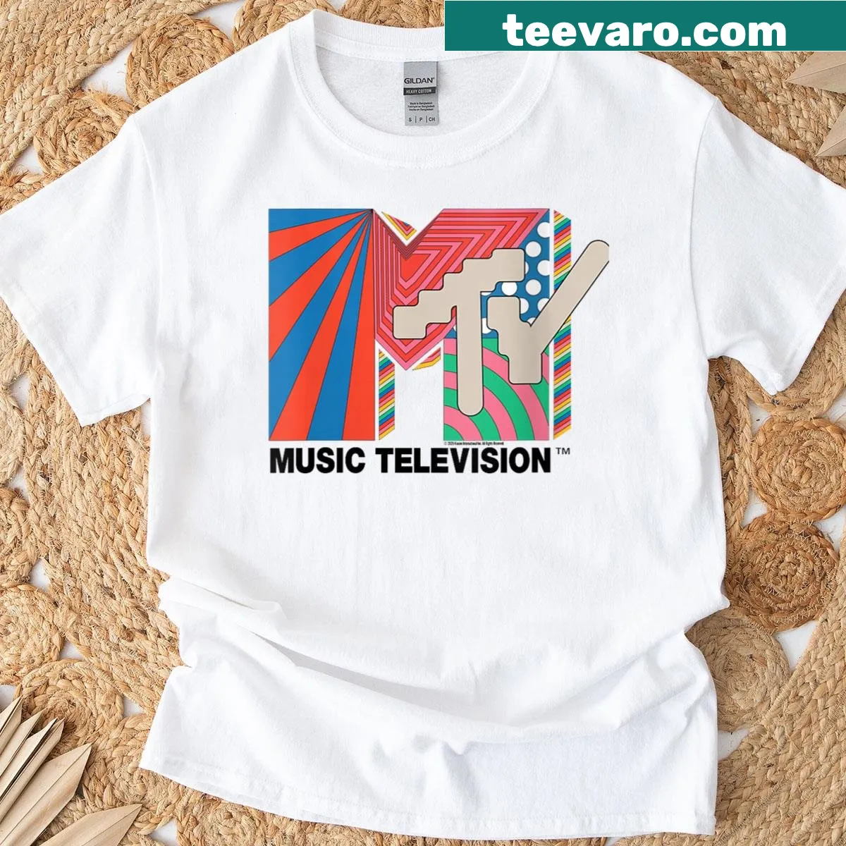 MTV abstract design tee with 90s logo for music lovers — on a men's t-shirt