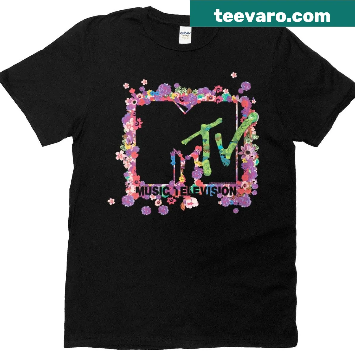 Floral MTV logo design on women's t-shirt — on a men's t-shirt