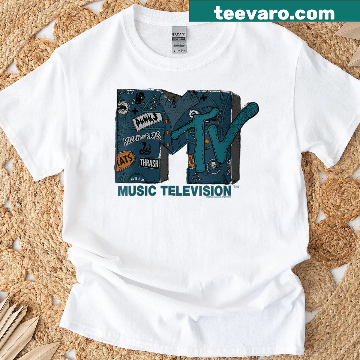 T-shirt featuring the MTV logo in a punk rock style — on a men's t-shirt