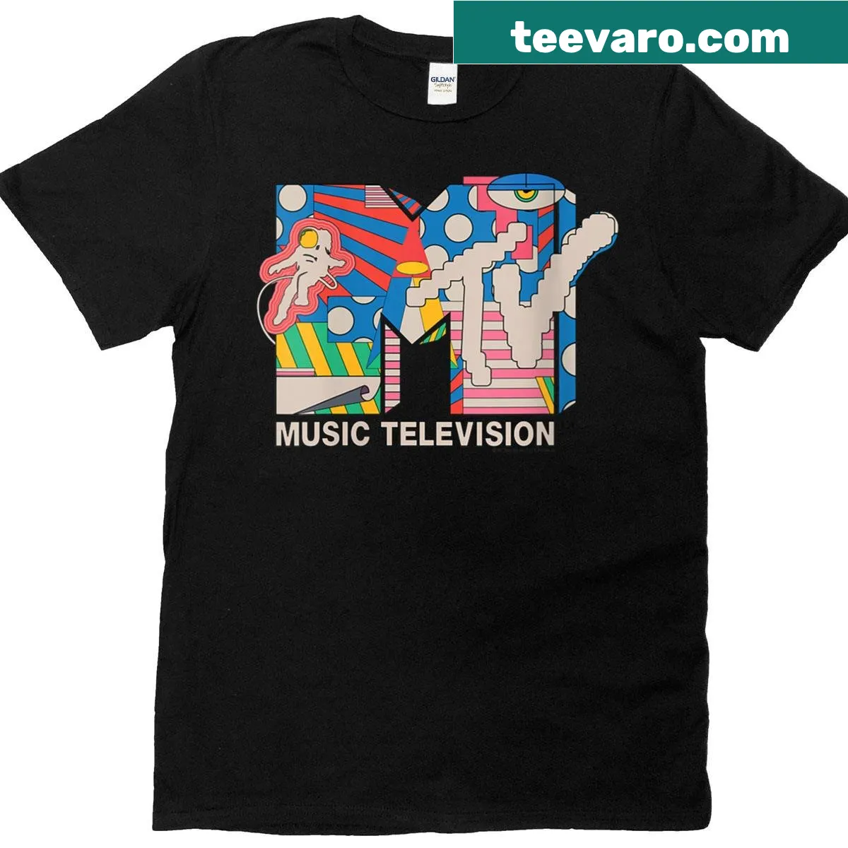 Retro MTV astronaut logo T-shirt for women, celebrating 90s music culture. — on a men's t-shirt