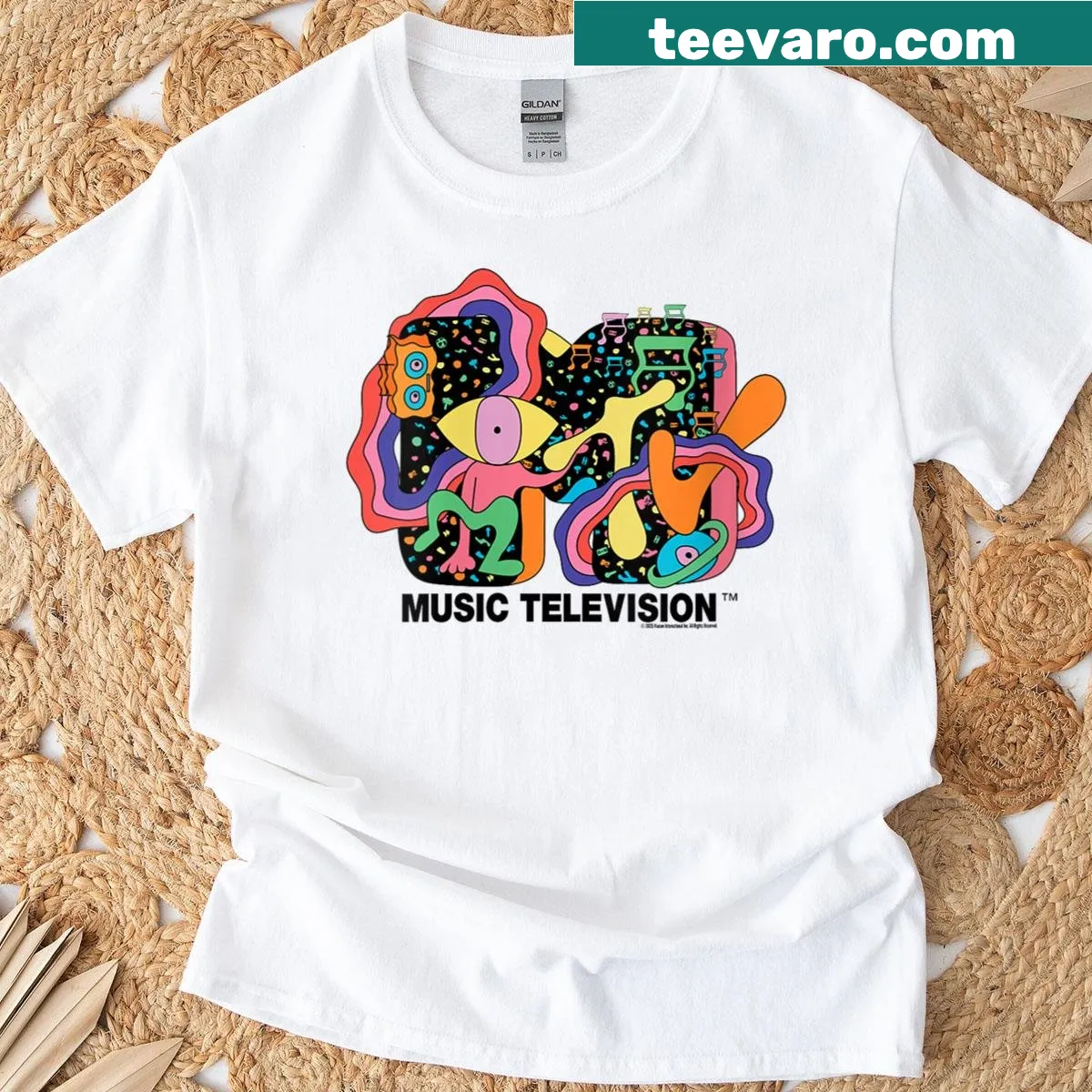 Trippy alien themed MTV logo T-shirt reflecting 90s style — on a men's t-shirt