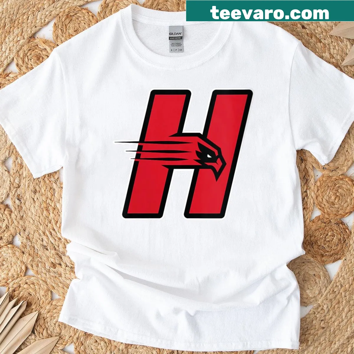 University of Hartford Hawks logo printed on a women's T-shirt — on a men's t-shirt
