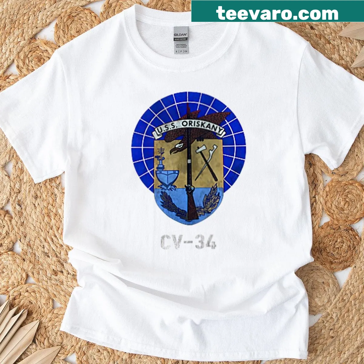 USS Oriskany CV-34 logo shirt with American flag design — on a men's t-shirt