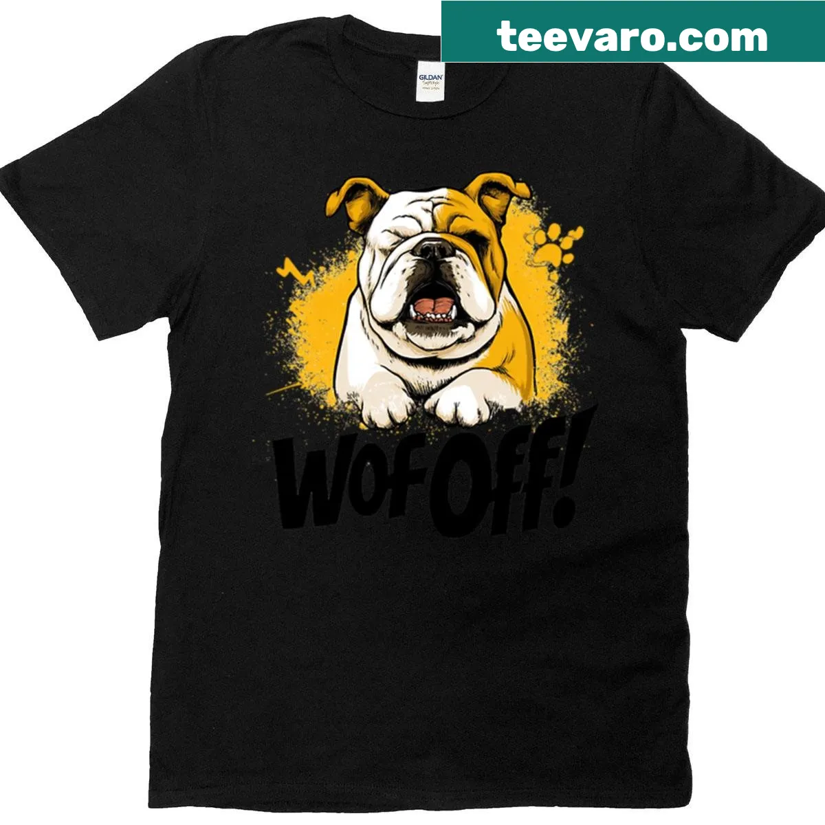 Cartoon bulldog barking humor t-shirt design. — on a men's t-shirt