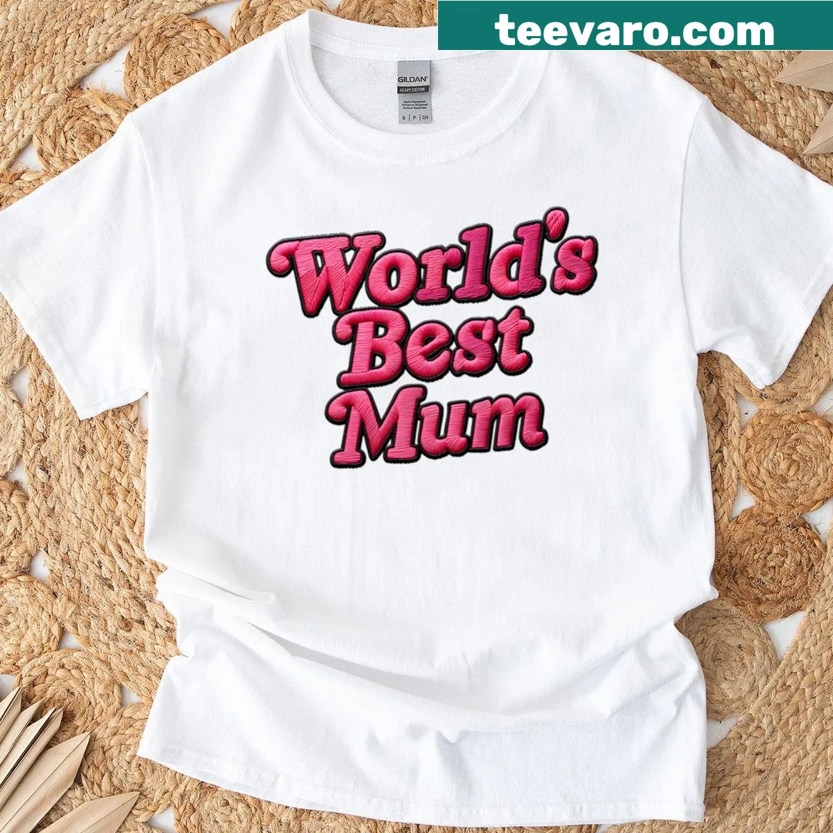 Shirt with the text World's Best Mum in pink embroidery style — on a men's t-shirt