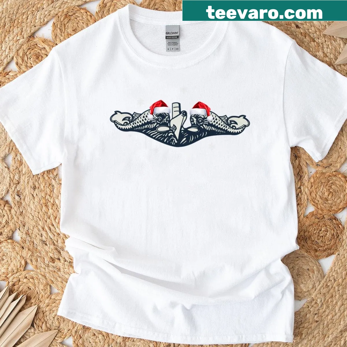 Submarine wearing a Santa hat design for Christmas t-shirt — on a men's t-shirt