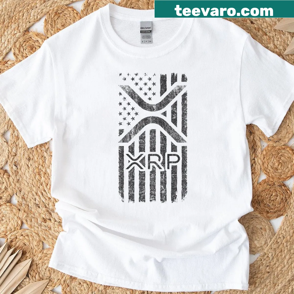 American flag XRP logo graphic t-shirt — on a men's t-shirt