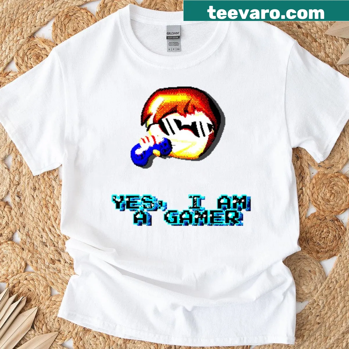 Retro pixel art T-shirt with 'Yes I Am A Gamer' text — on a men's t-shirt