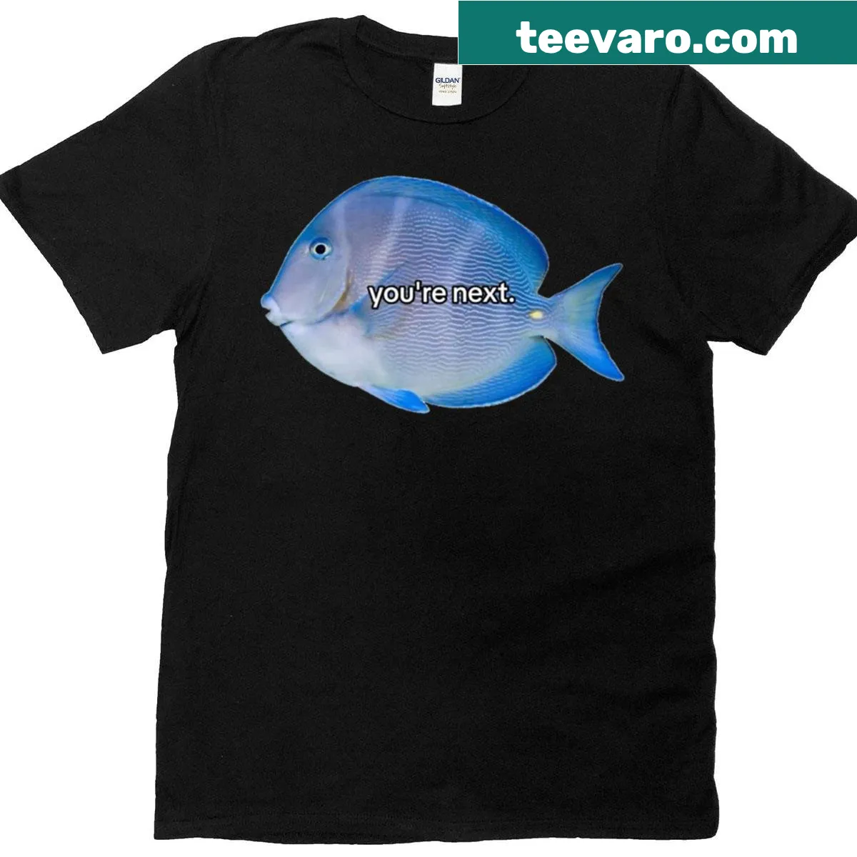 Oversized T-shirt with a funny fish graphic saying 'You're Next'. — on a men's t-shirt