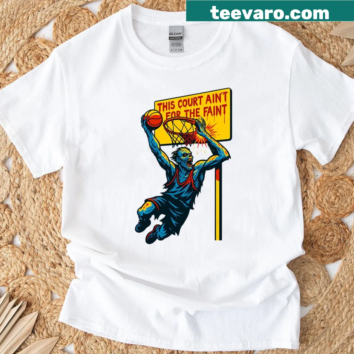 Zombie basketball court illustration t-shirt for women — on a men's t-shirt