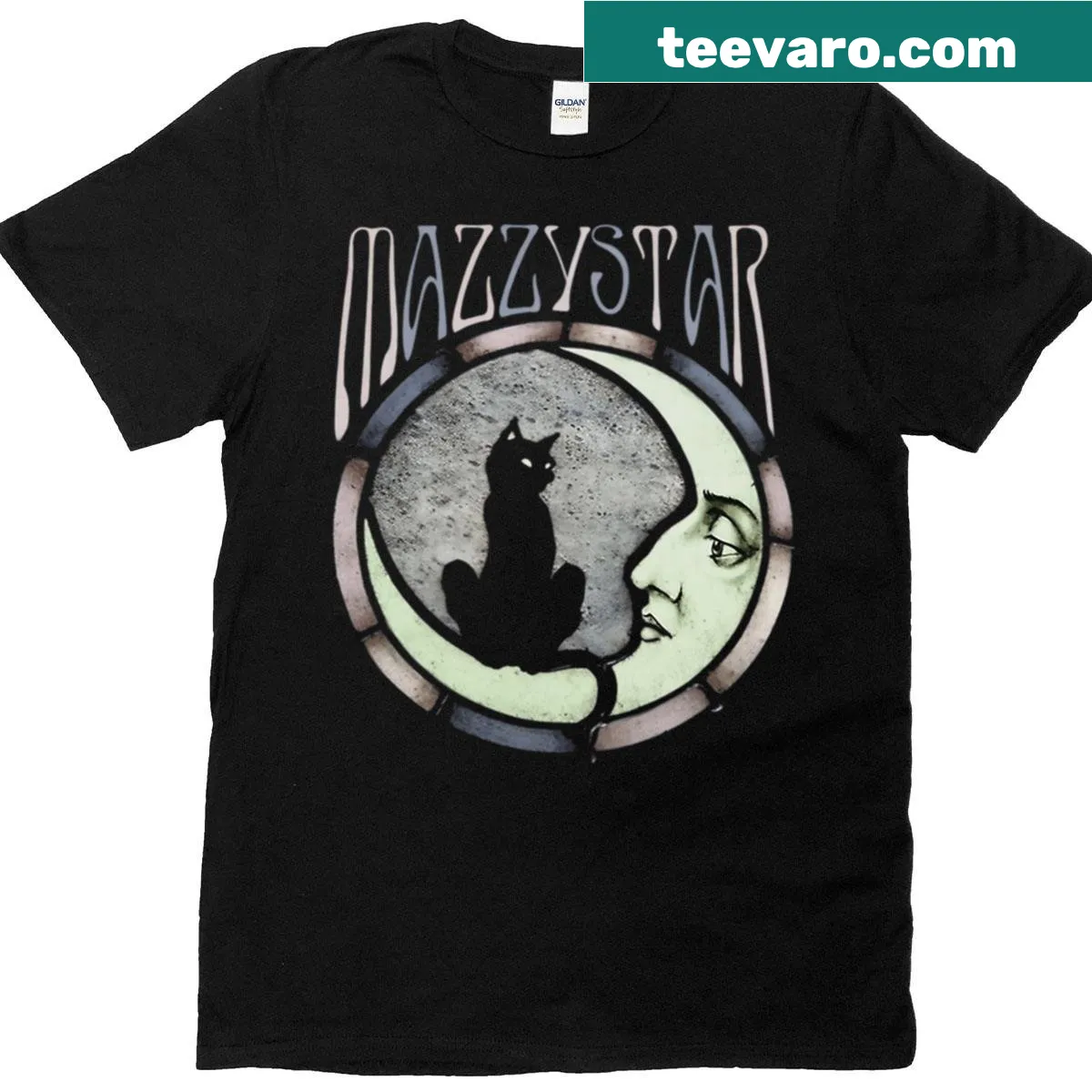 Vintage T-shirt with moon and cat graphic inspired by Mazzy Star — on a men's t-shirt