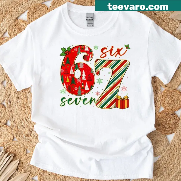 Cartoon graphic T-shirt featuring '67 Christmas 6 7 Meme' for kids