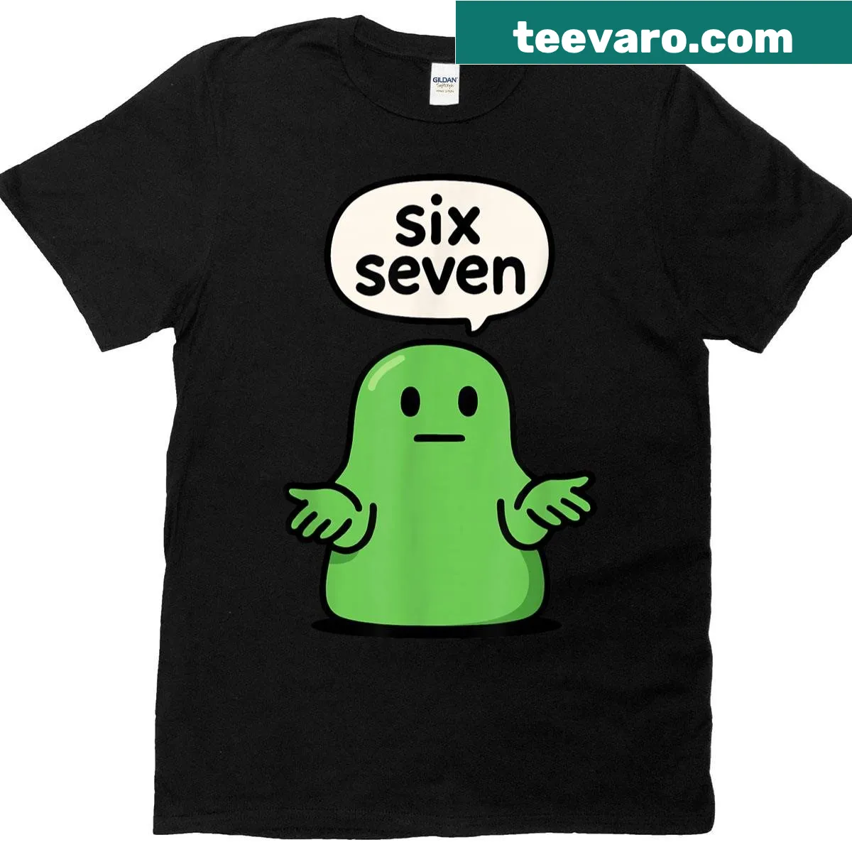 Funny kids t-shirt with green blob slime and meme text 67 — on a men's t-shirt