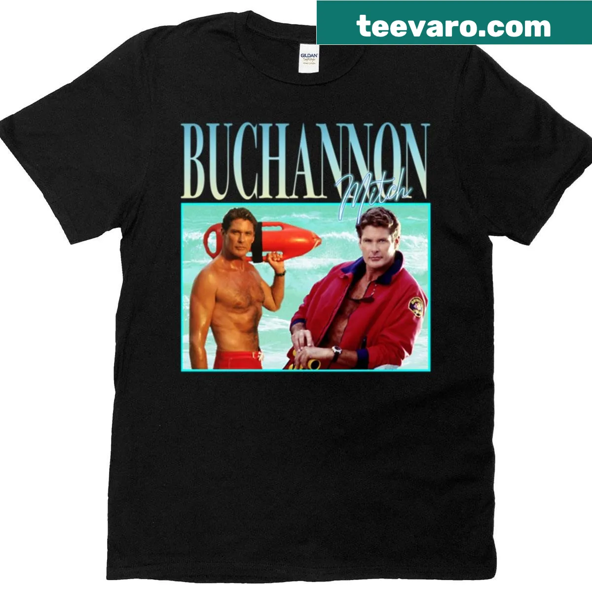 Retro-style Mitch Buchannon t-shirt with nostalgic beach design — on a men's t-shirt