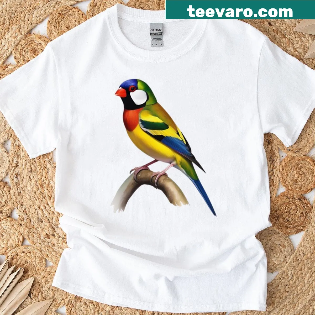 Illustrative shirt featuring a Gouldian Finch bird — on a men's t-shirt