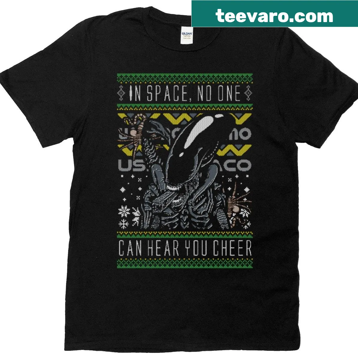 Christmas T-shirt featuring whimsical Xeno illustrations — on a men's t-shirt
