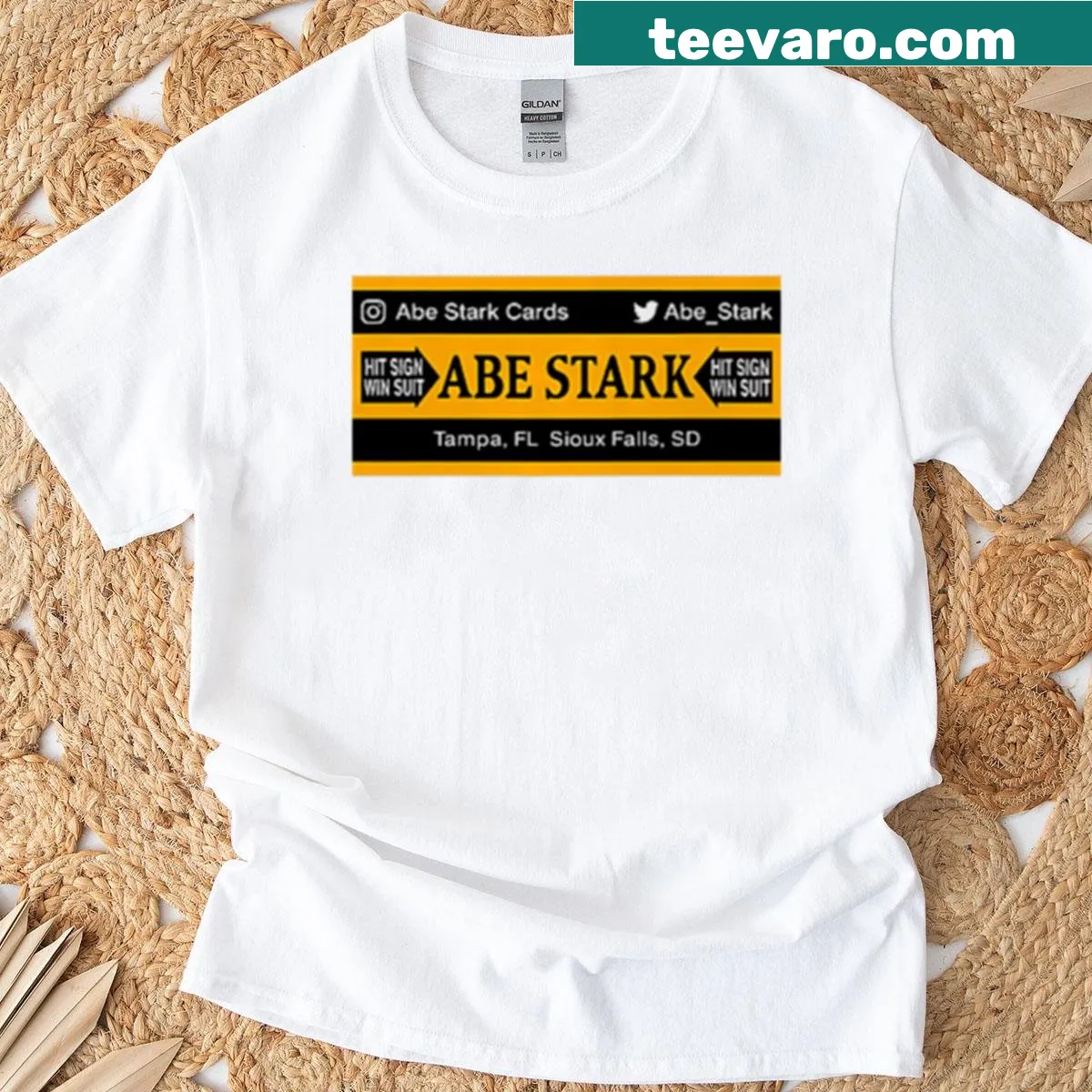 Hand-lettered staff gear design for Abe Stark Cards on a t-shirt — on a men's t-shirt