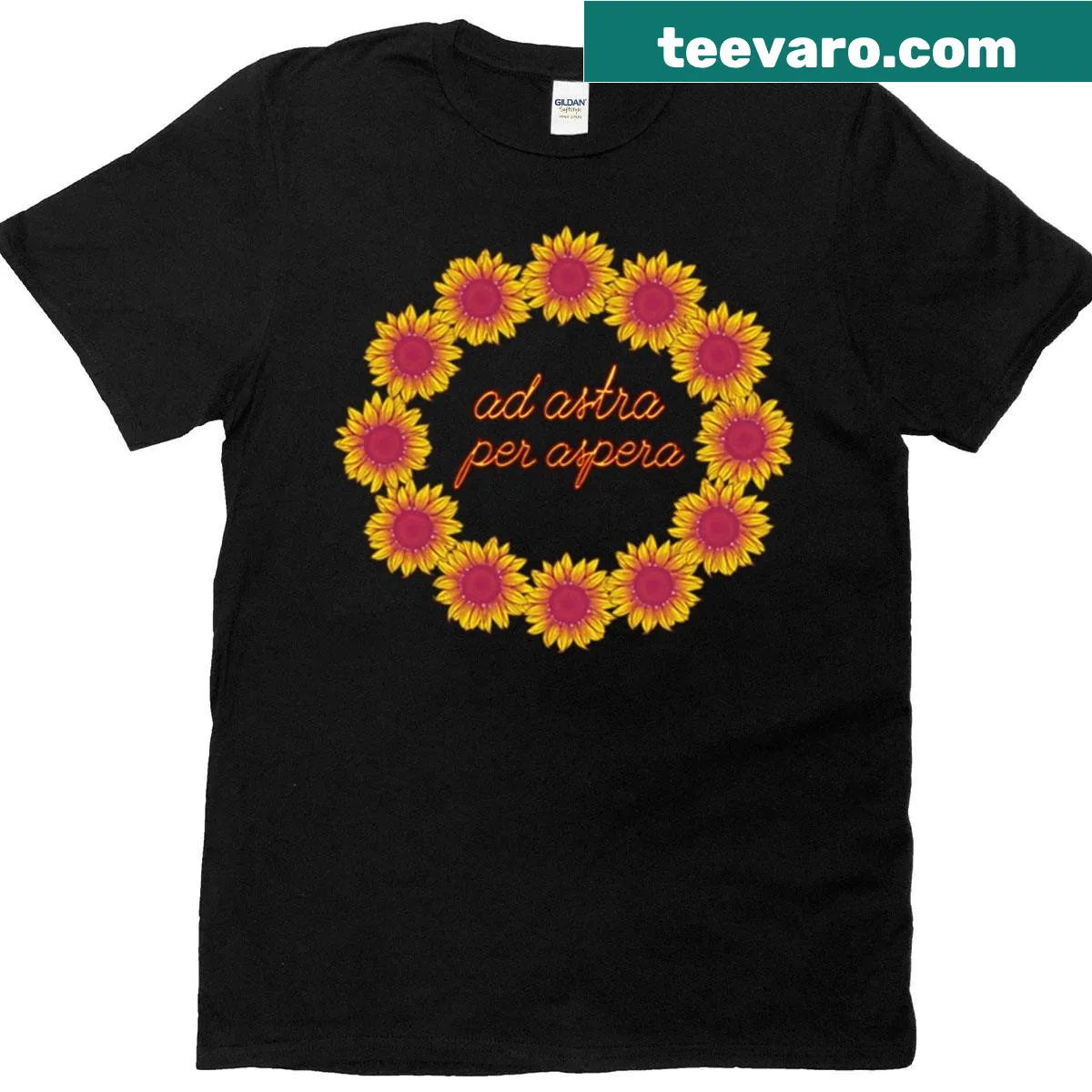 Ad Astra sunflower design with the phrase curving above it — on a men's t-shirt