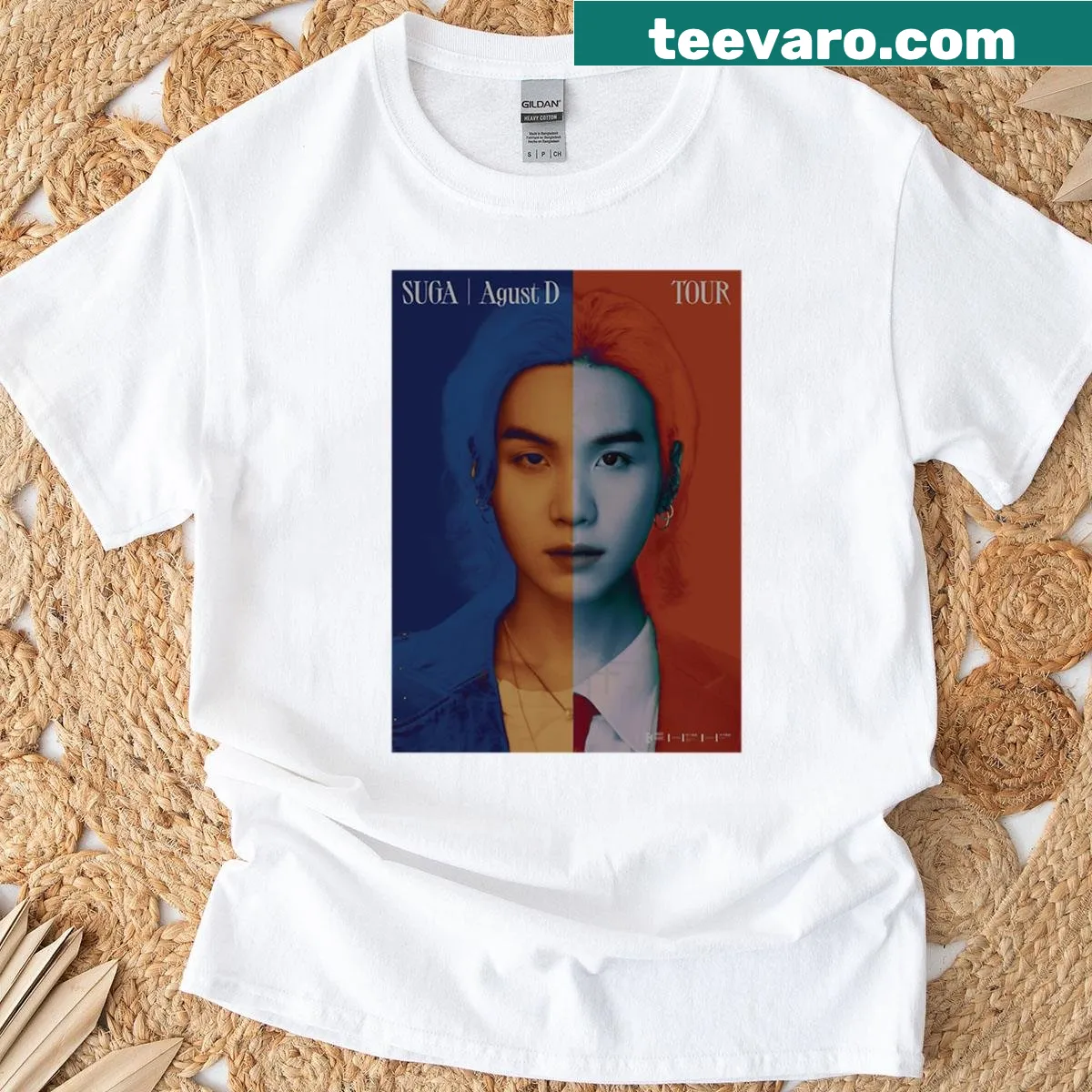 Agust D World Tour t-shirt with bold typography and graphics — on a men's t-shirt