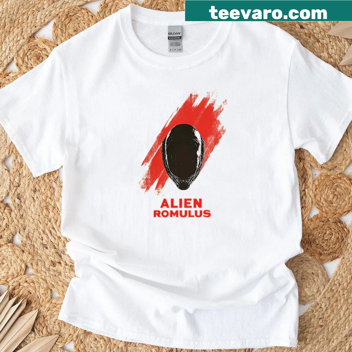 Minimalist sci-fi horror themed Alien Romulus T-shirt — on a men's t-shirt