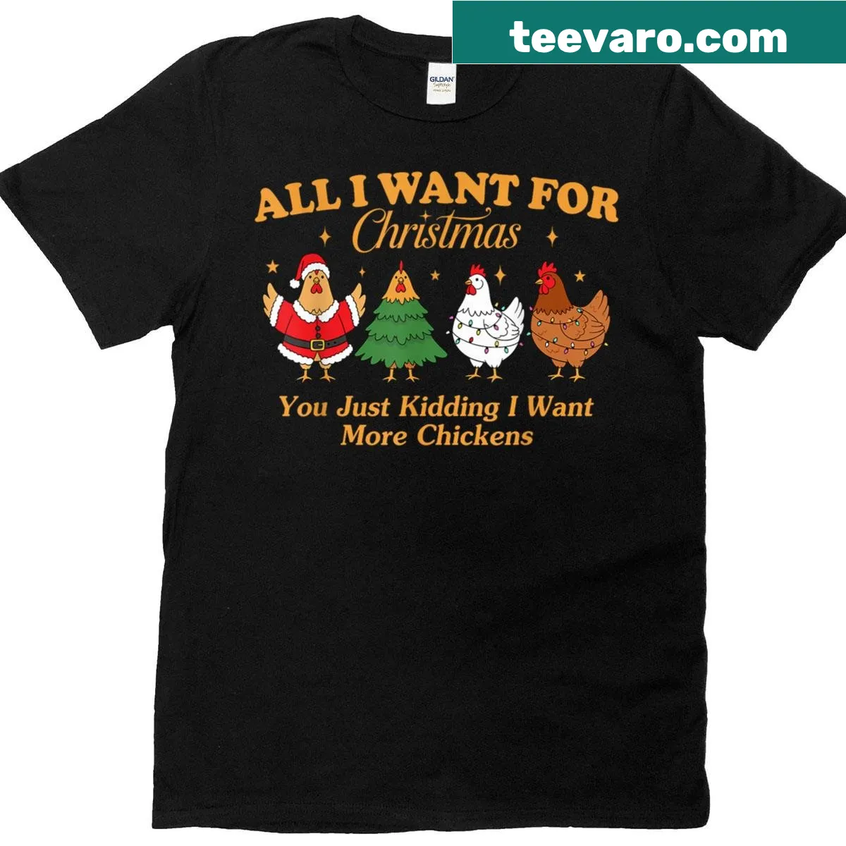 Funny Christmas shirt about wanting more chickens with fun typography — on a men's t-shirt