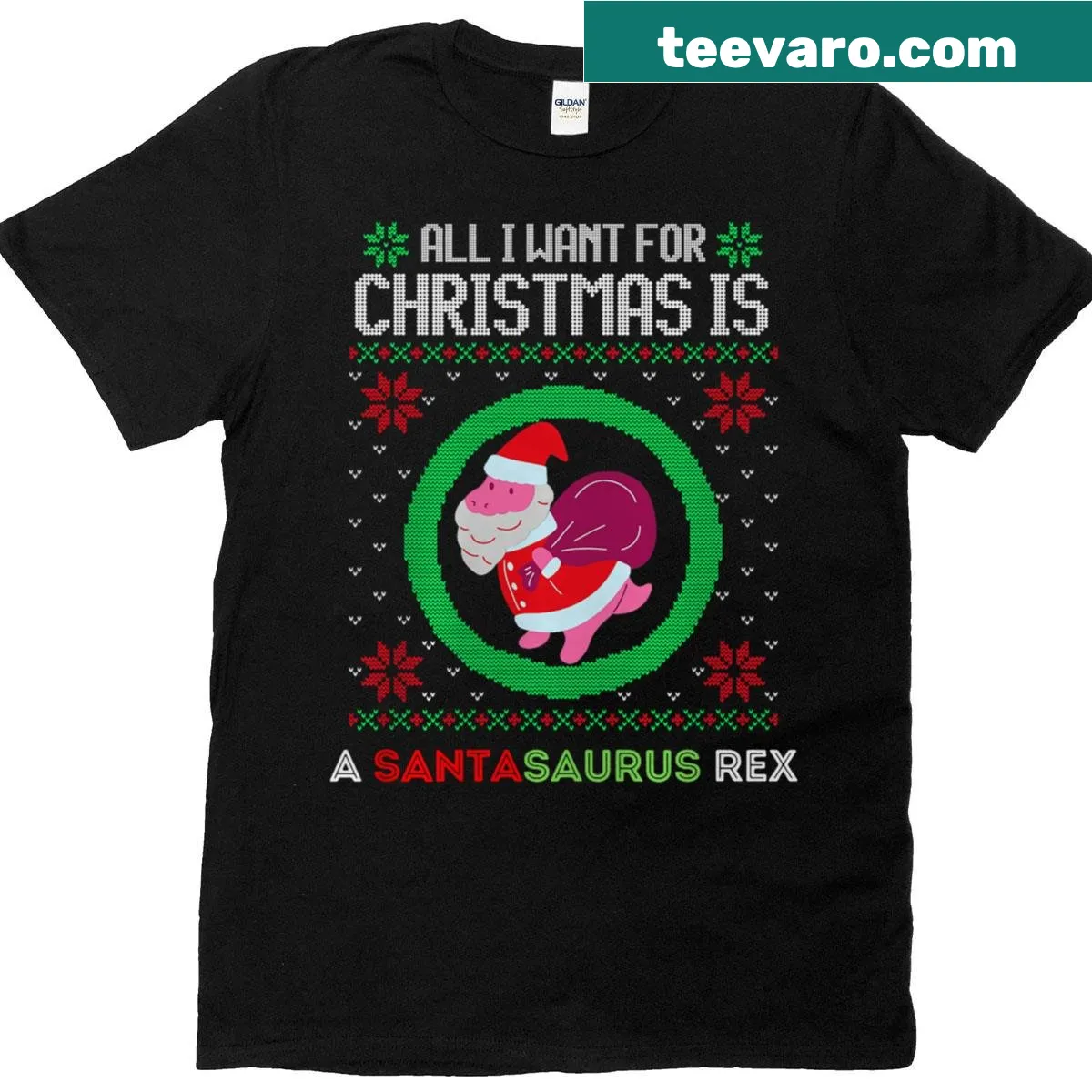 Cute Santasaurus Rex cartoon Christmas t-shirt for kids — on a men's t-shirt