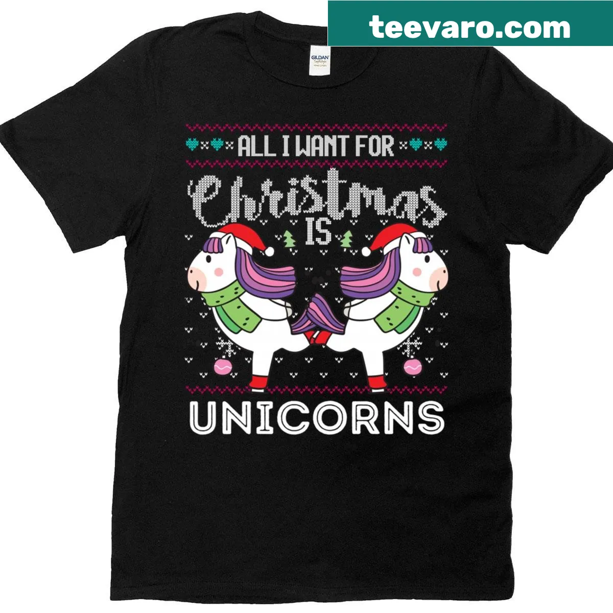 Funny Christmas T-shirt stating 'All I Want For Christmas Is Unicorns.' — on a men's t-shirt