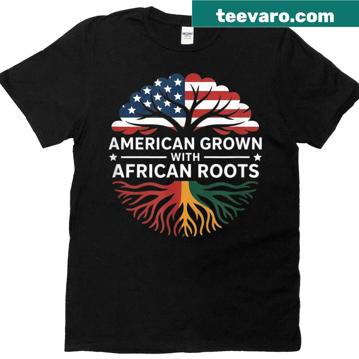 Heritage pride t-shirt with the phrase 'American Grown With African Roots' — on a men's t-shirt