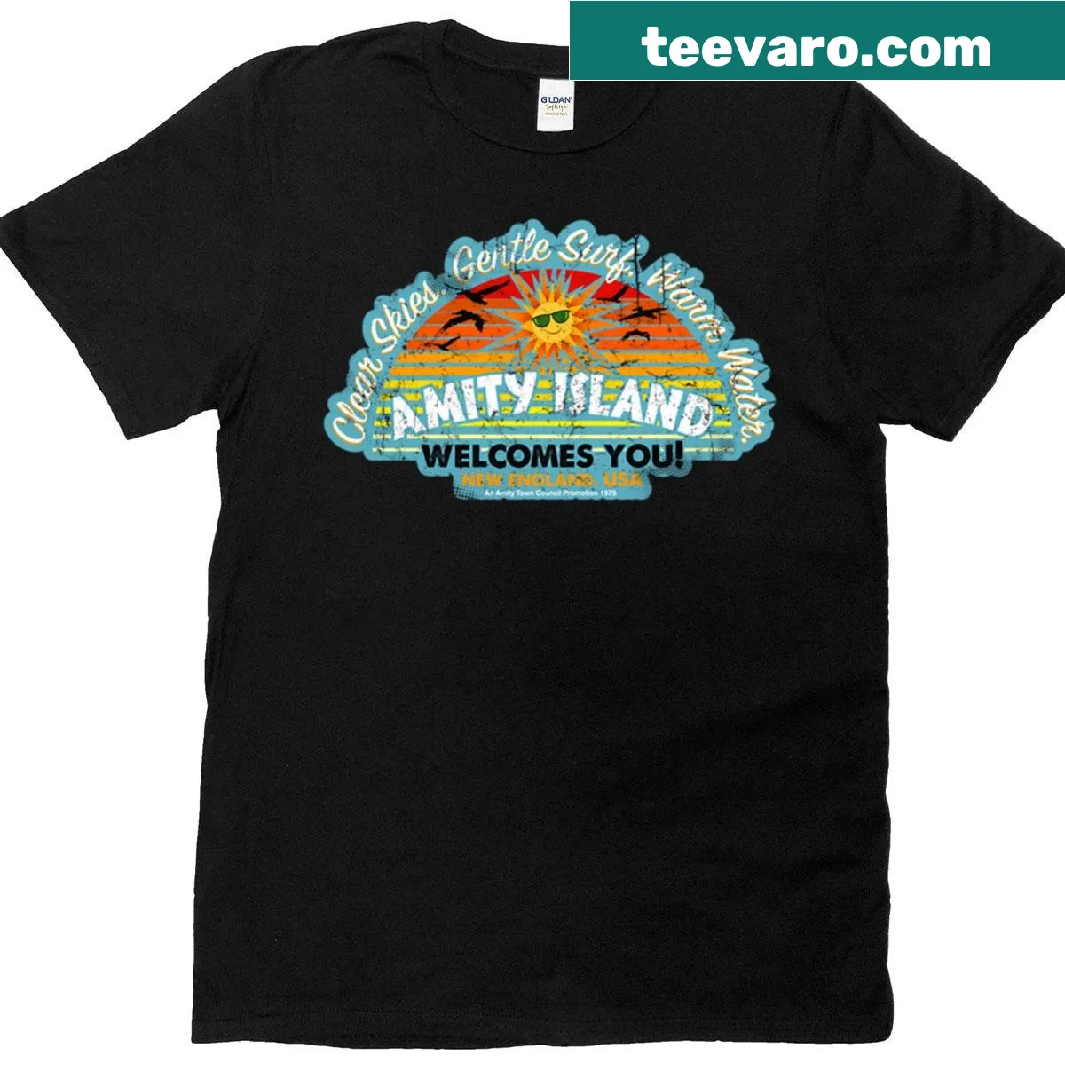 Amity Island themed t-shirt featuring a beach graphic — on a men's t-shirt