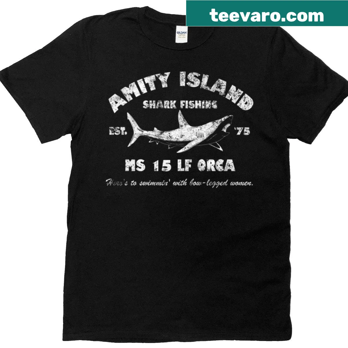 Badge emblem t-shirt for Amity Island Shark Fishing Est - 1975 — on a men's t-shirt