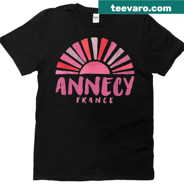 Illustrated t-shirt featuring Annecy, France, with a serene sunrise