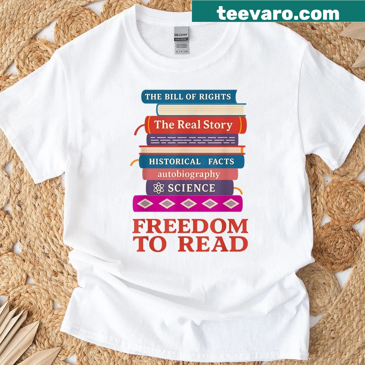 Stacked graphic T-shirt with the phrase 'Freedom To Read' and book images — on a men's t-shirt