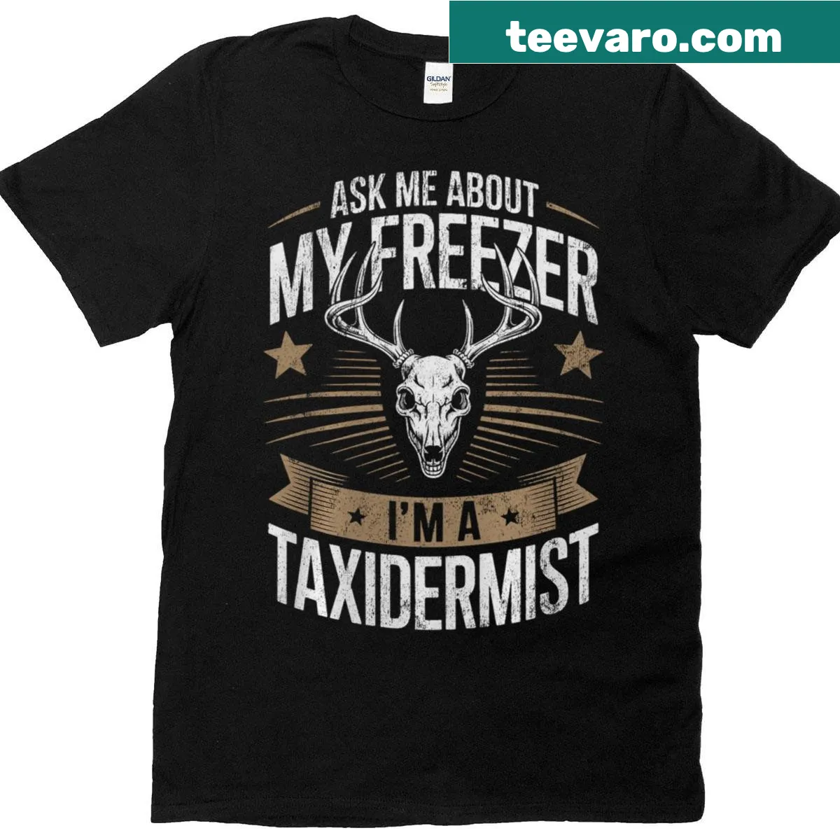 Funny taxidermist t-shirt with 'Ask About My Freezer' text — on a men's t-shirt