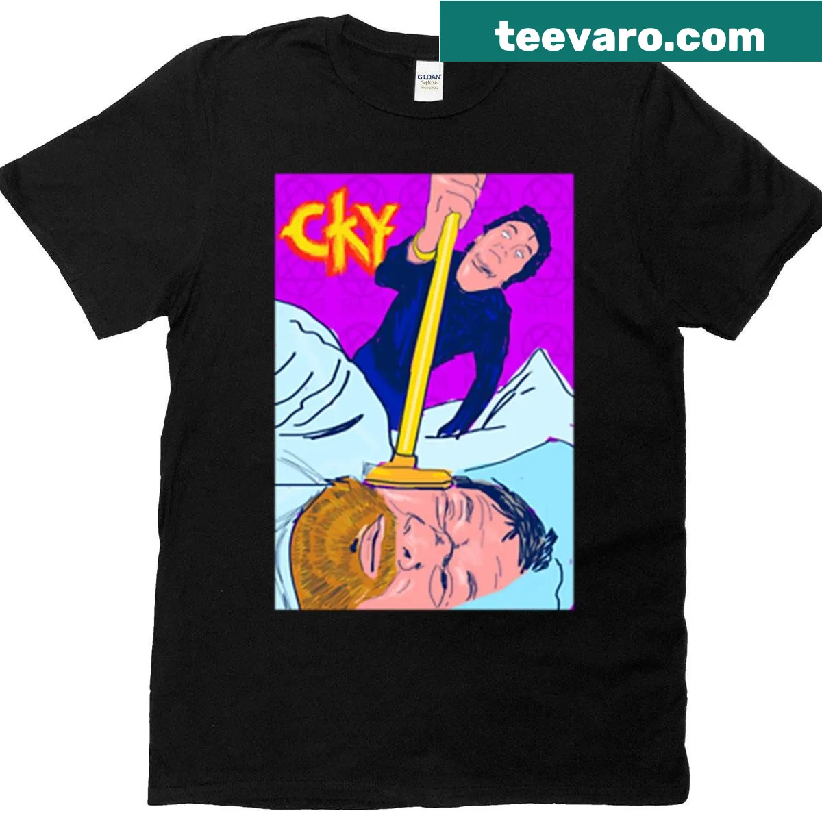 CKY themed t-shirt featuring Bam and Phil Margera graphic — on a men's t-shirt