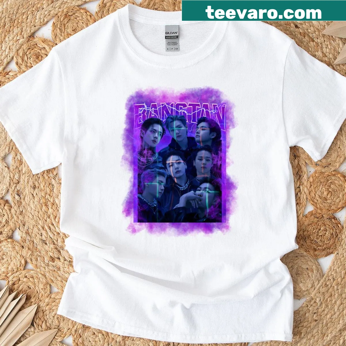 Oversized vintage-style T-shirt featuring a Bangtan bootleg design — on a men's t-shirt