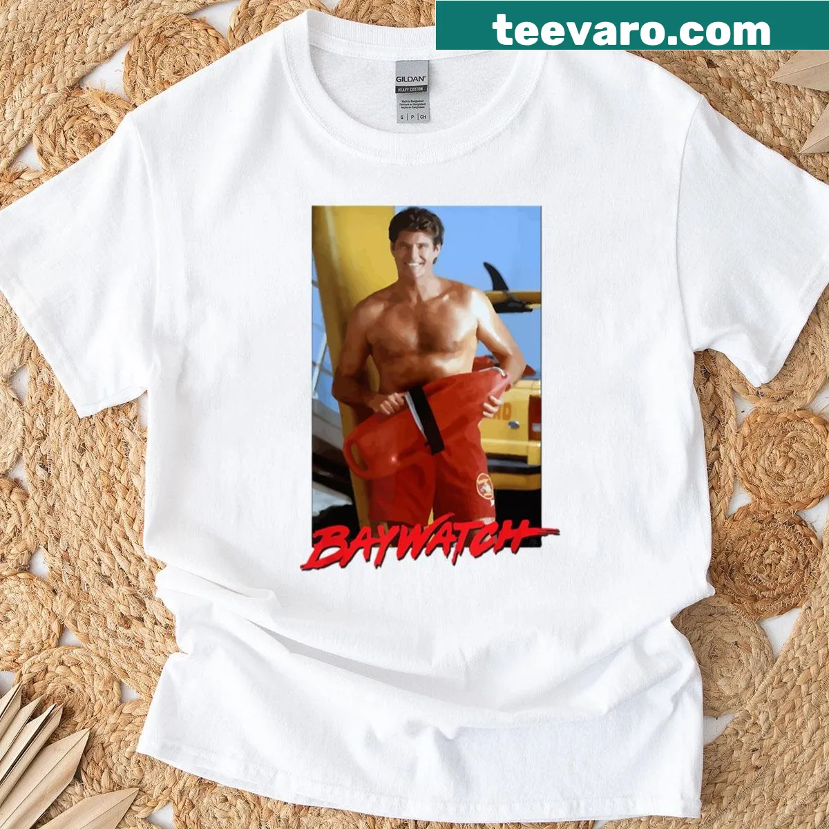 Funny text repeating 'Baywatch Berlin' on a humorous t-shirt — on a men's t-shirt