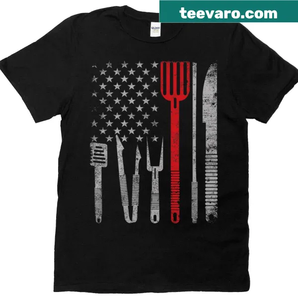 Barbecue grill with pork and USA flag on a July 4th shirt