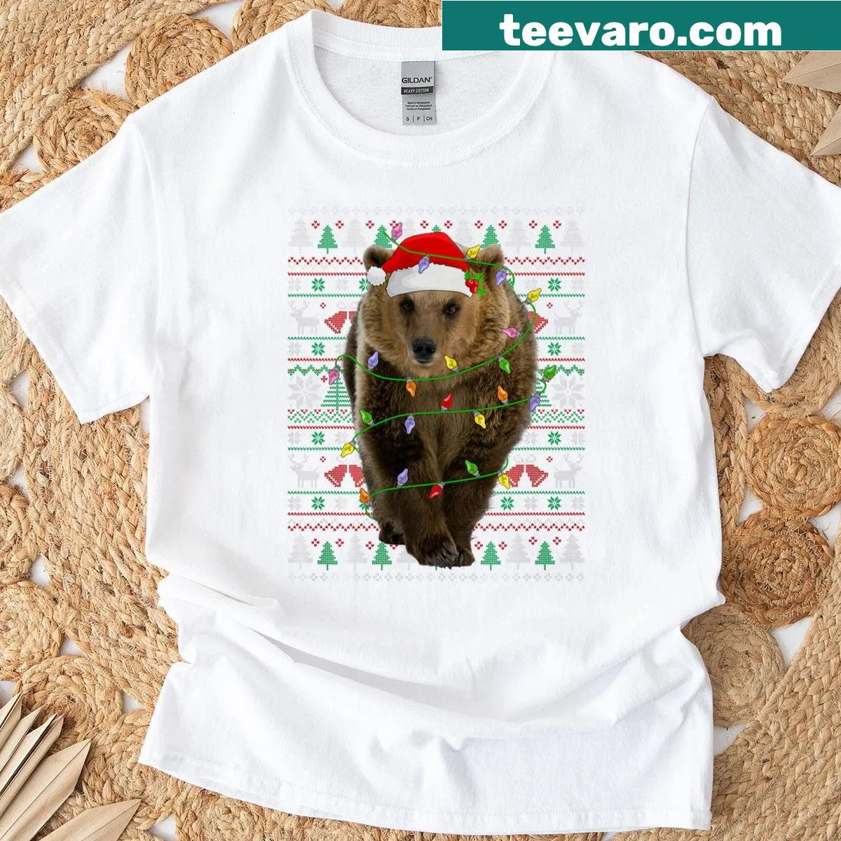 Funny Christmas bear T-shirt with Santa hat design — on a men's t-shirt