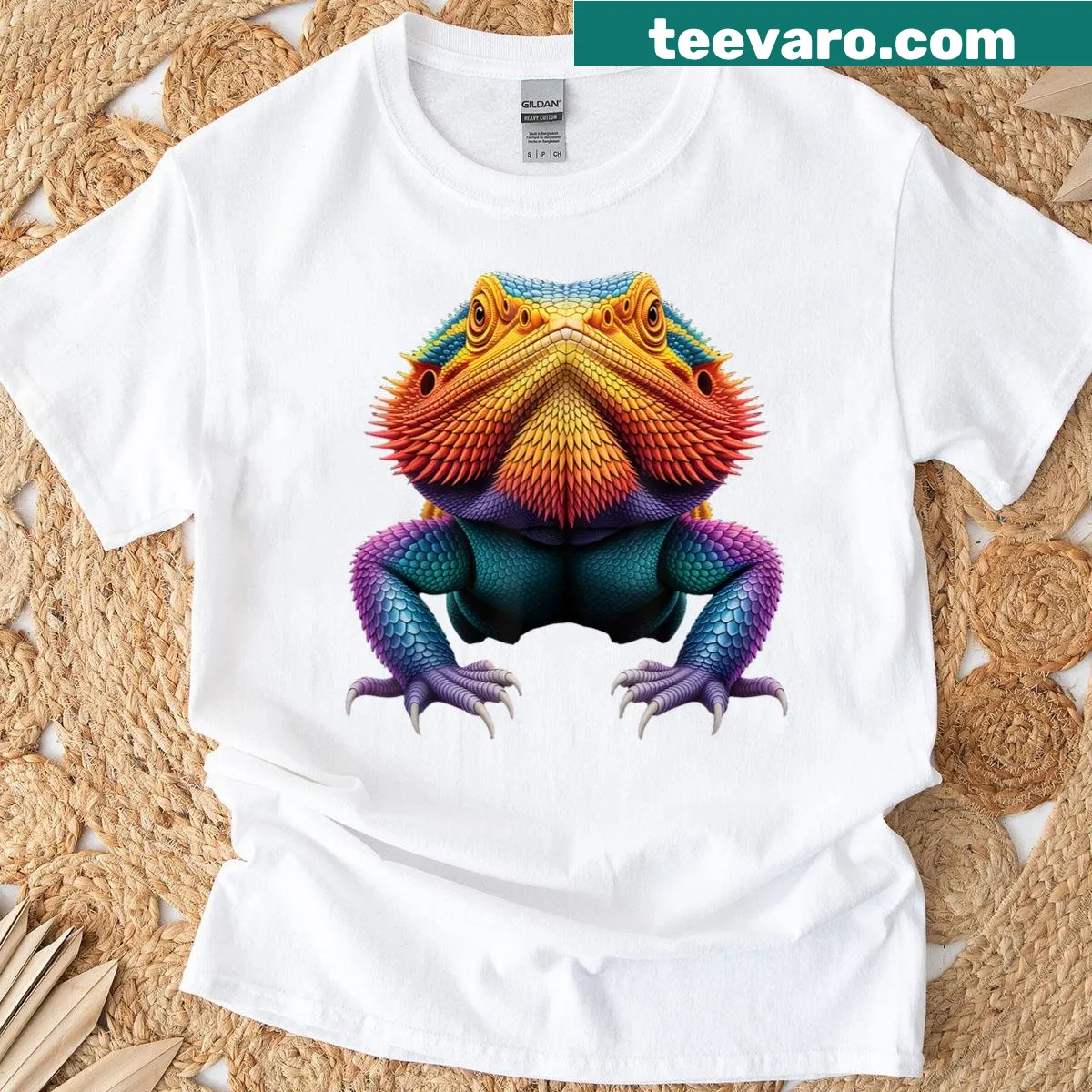 Illustration of a bearded dragon on a reptile-themed shirt — on a men's t-shirt