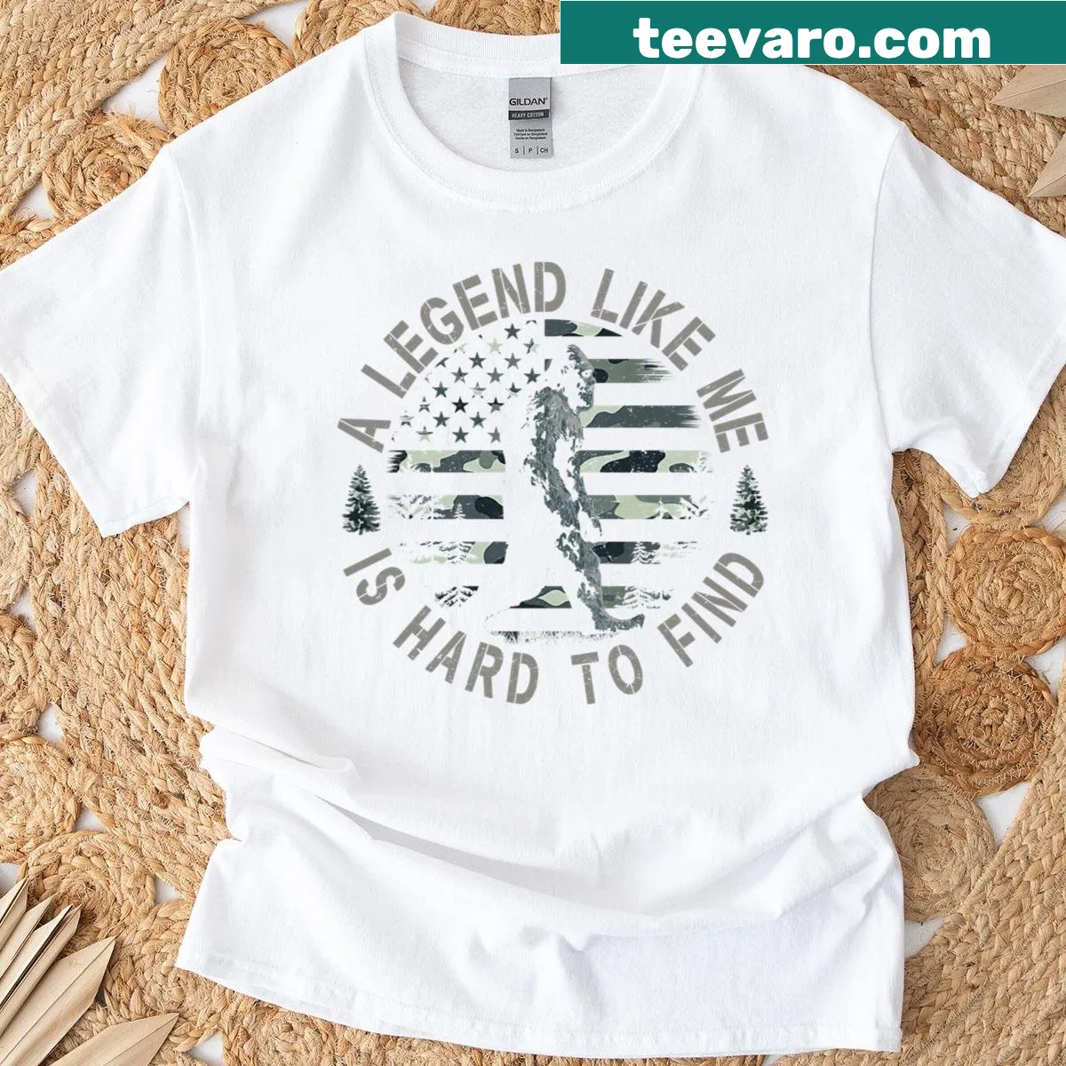 Cartoon graphic of Bigfoot with the phrase 'A Legend Like Me Is Hard To Find' — on a men's t-shirt