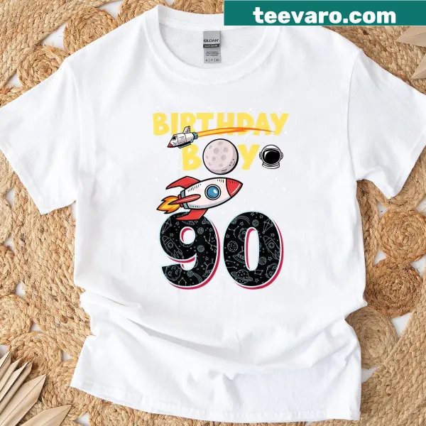 Whimsical rocket graphic with text proclaiming 90th birthday
