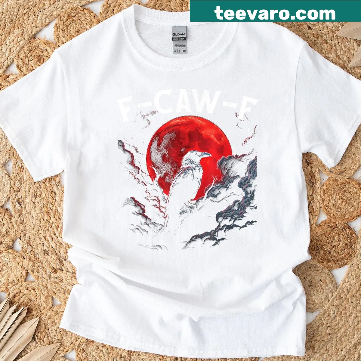 Halloween t-shirt with black crow illustration and blood moon — on a men's t-shirt