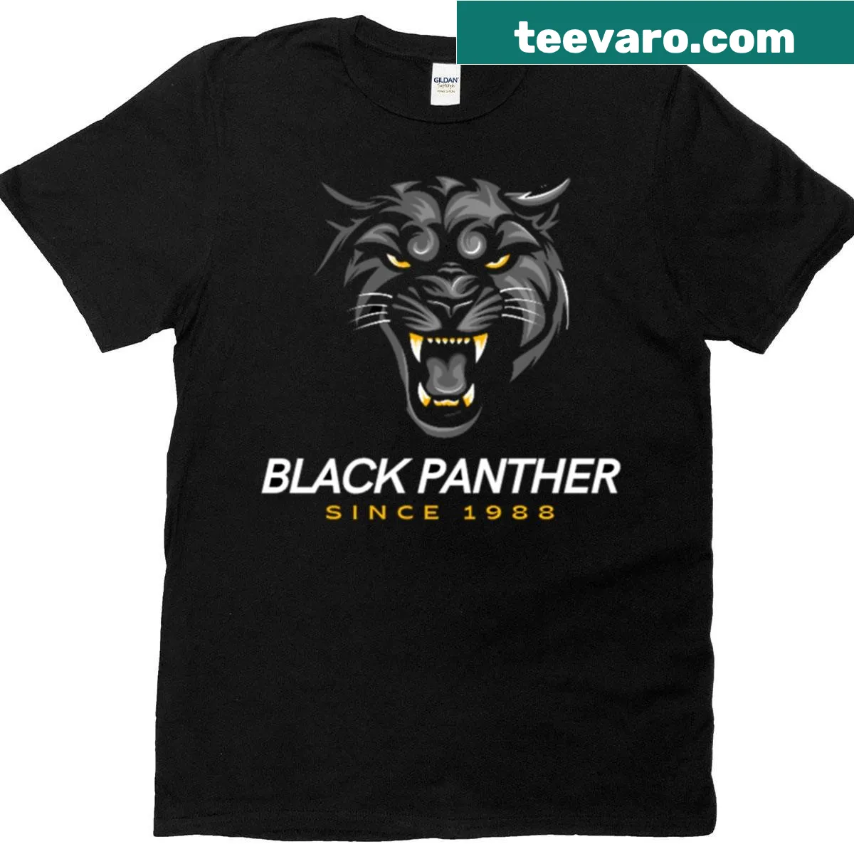 Graphic t-shirt featuring the Black Panther mascot logo — on a men's t-shirt