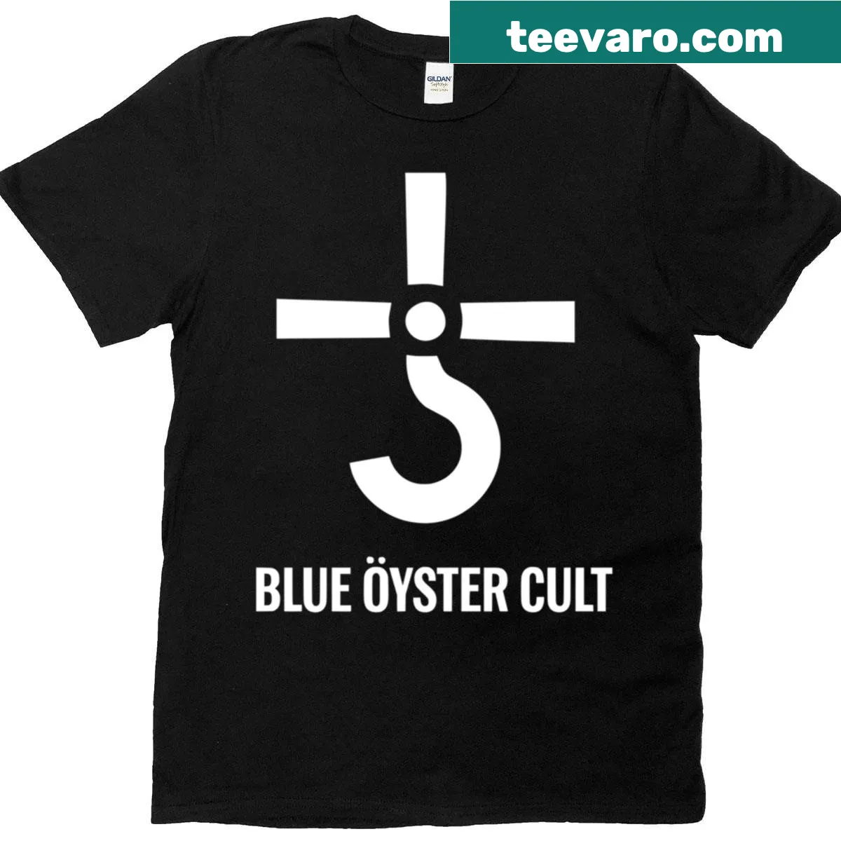 Bold Blue Öyster Cult logo on a shirt — on a men's t-shirt