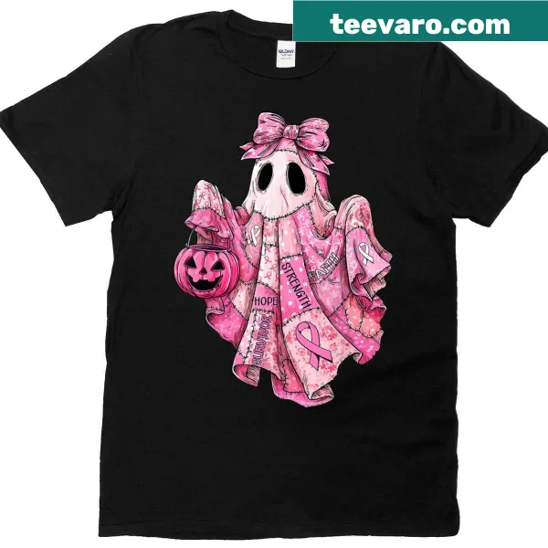 Ghost illustration with pink ribbon for breast cancer awareness on a Halloween shirt