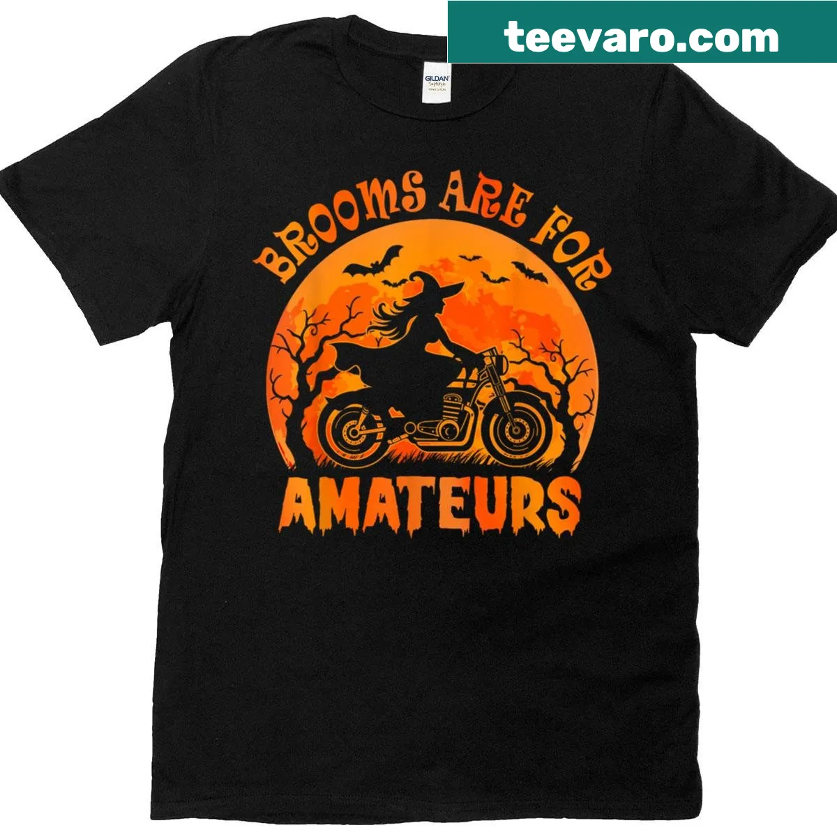 Witch motorcycle t-shirt with text 'Brooms Are For Amateurs' for Halloween — on a men's t-shirt