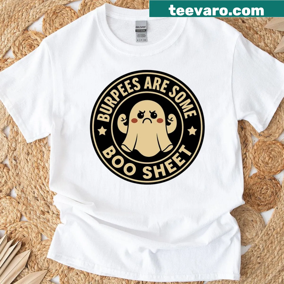 Funny Halloween fitness T-shirt featuring ghost and burpees saying — on a men's t-shirt