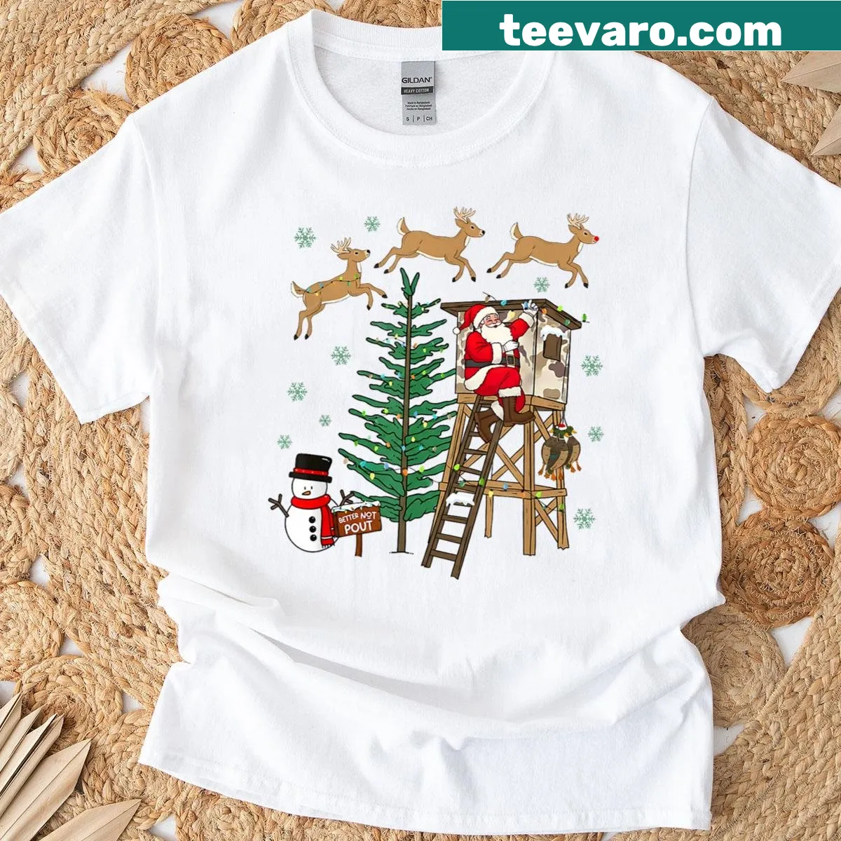Camo Santa illustration on a Christmas hunting T-shirt — on a men's t-shirt