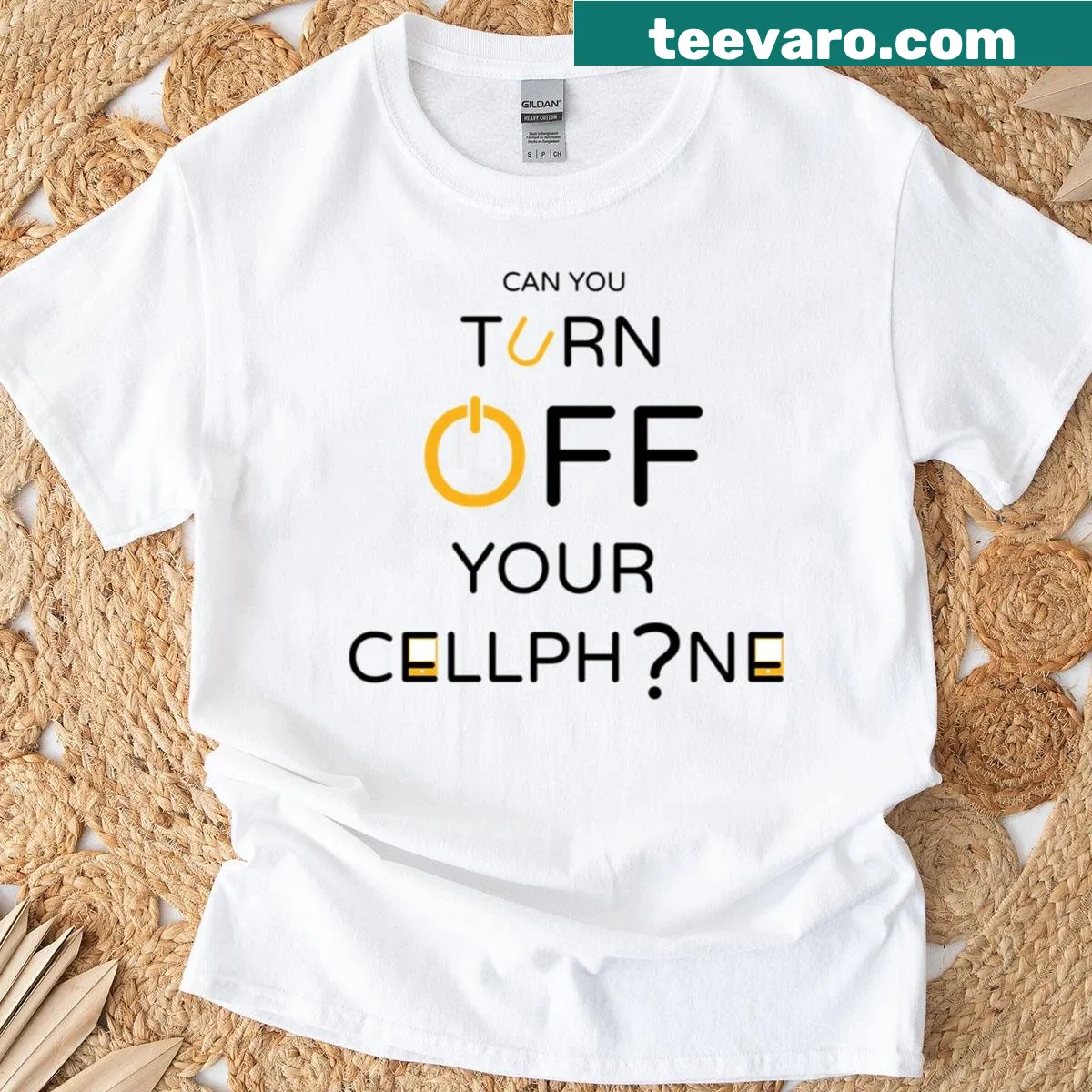 Oversized t-shirt with text about turning off cellphones — on a men's t-shirt